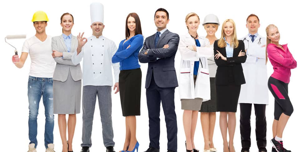 Group of people dressed in various occupational outfits, including business people, a chef, a doctor, and trades people, representing the variety of business skills required for different jobs.