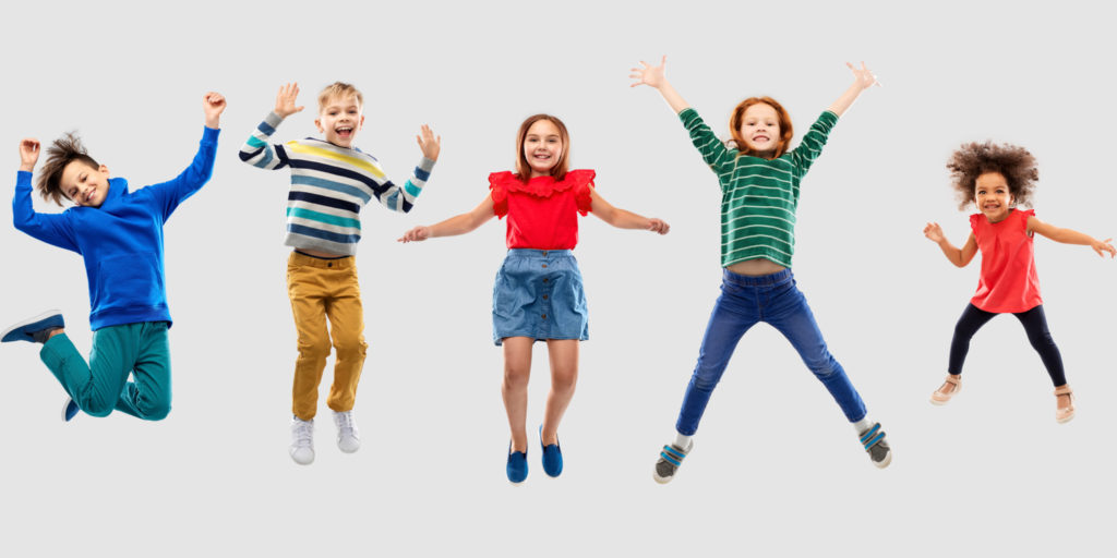 Five children jumping in the air, illustrating the concept of wanting to transfer shares to your children