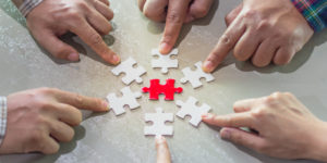 A red jigsaw piece surrounded by 4 white jigsaw pieces, illustrating the concept of a holding company.