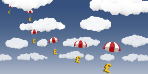 Illustration of cloudy blue sky with red and white parachutes attached to gold coloured pound signs.