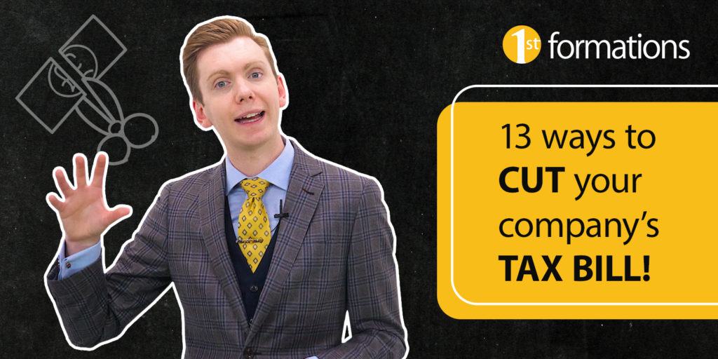 Image of video presenter Nicholas Campion in tweed suit with yellow tie and video title '13 ways to cut your company's tax bill' in black text on a yellow background.