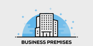 Illustration of office building with the headline BUSINESS PREMISES in black font.