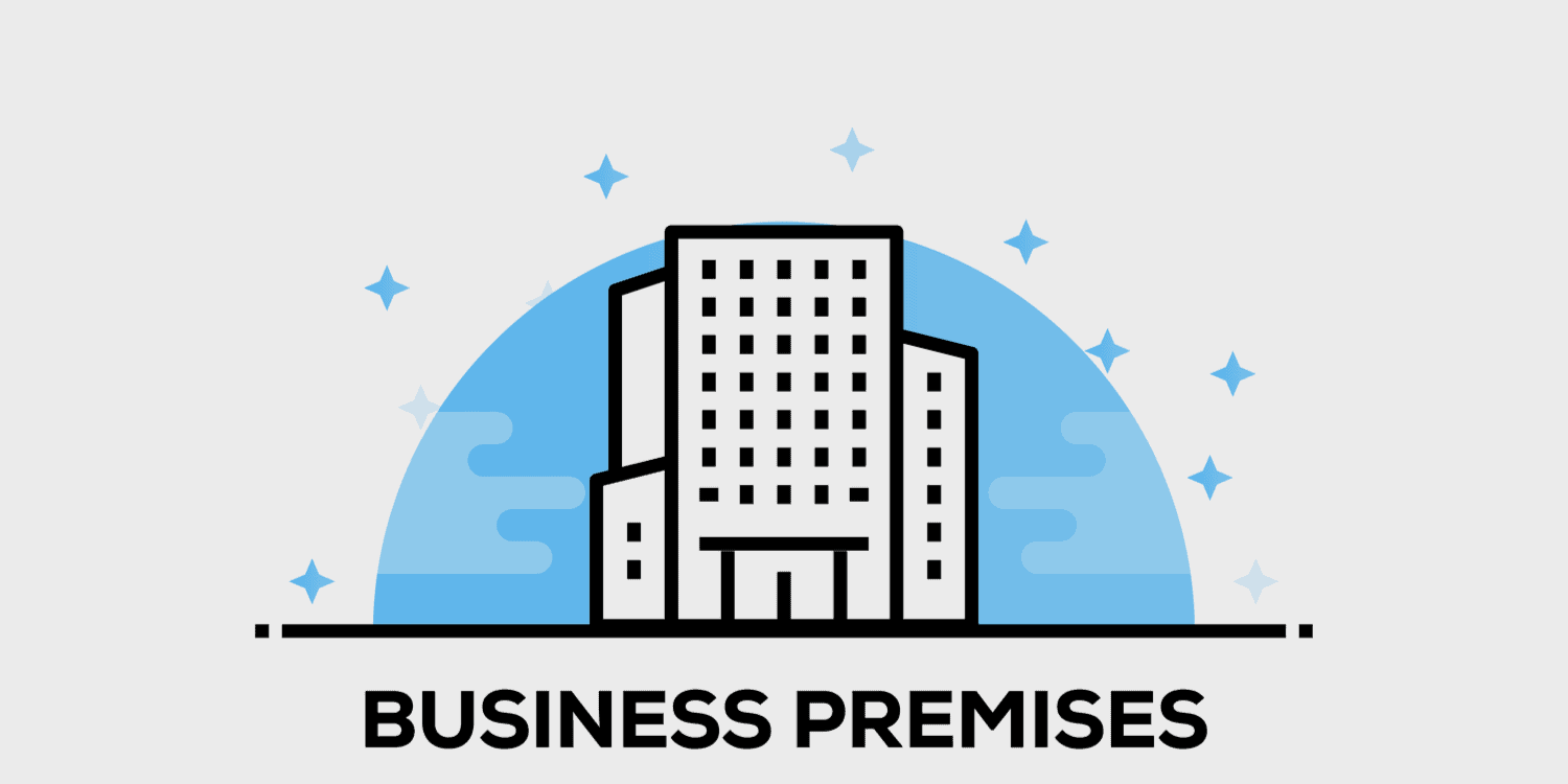 Illustration of office building with the headline BUSINESS PREMISES in black font.