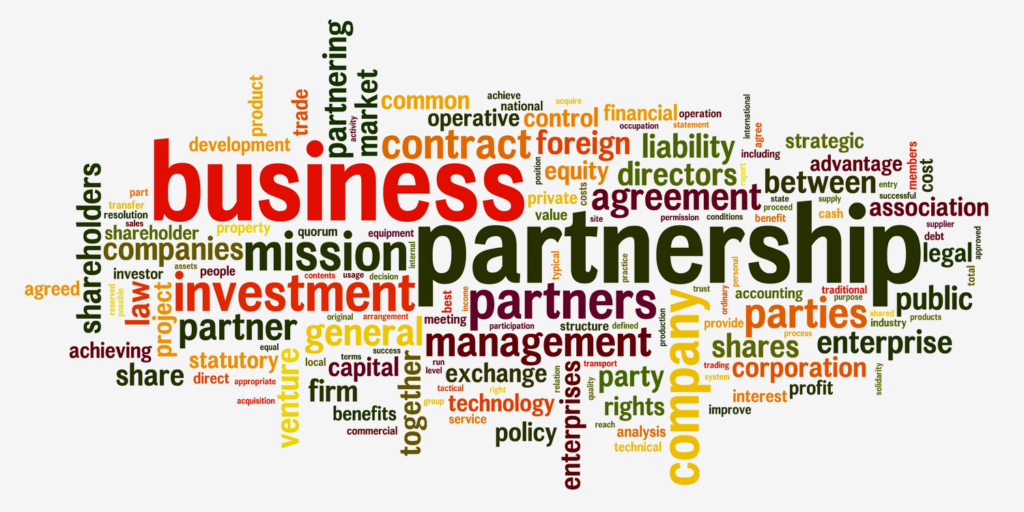 Collage of different words and phrases relevant to business partnerships