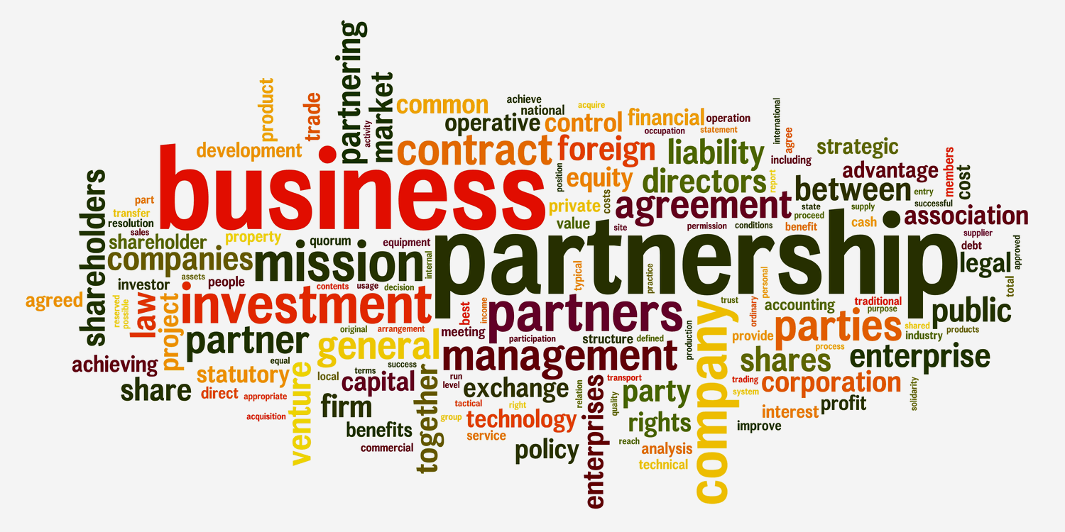 Collage of different words and phrases relevant to business partnerships