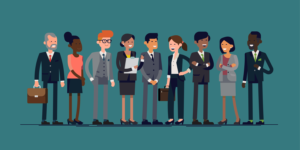 Vector illustration of diverse group of company officers standing smiling.