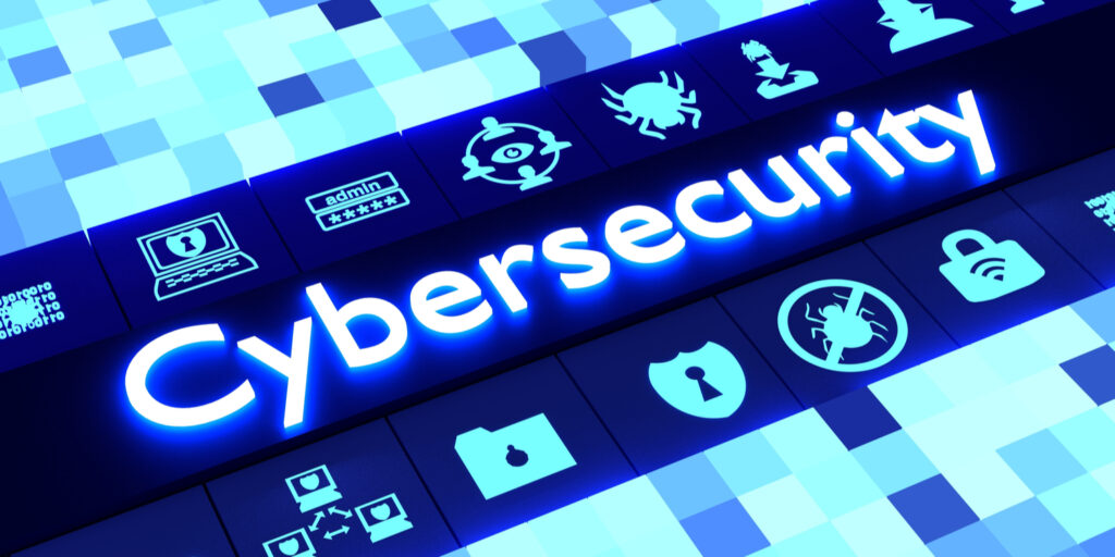 Cubed background in different sizes and blue colors aligning to a row of glowing information security icons surrounding the word cybersecurity 3D illustration.