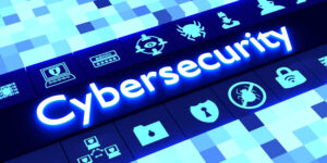 Cubed background in different sizes and blue colors aligning to a row of glowing information security icons surrounding the word cybersecurity 3D illustration.