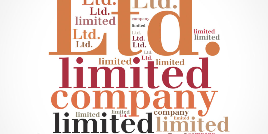 'LTD' and 'limited company' collage in different font sizes and colours.