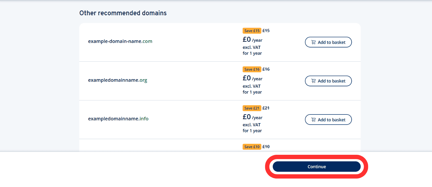 IONOS page showing you other recommended domains