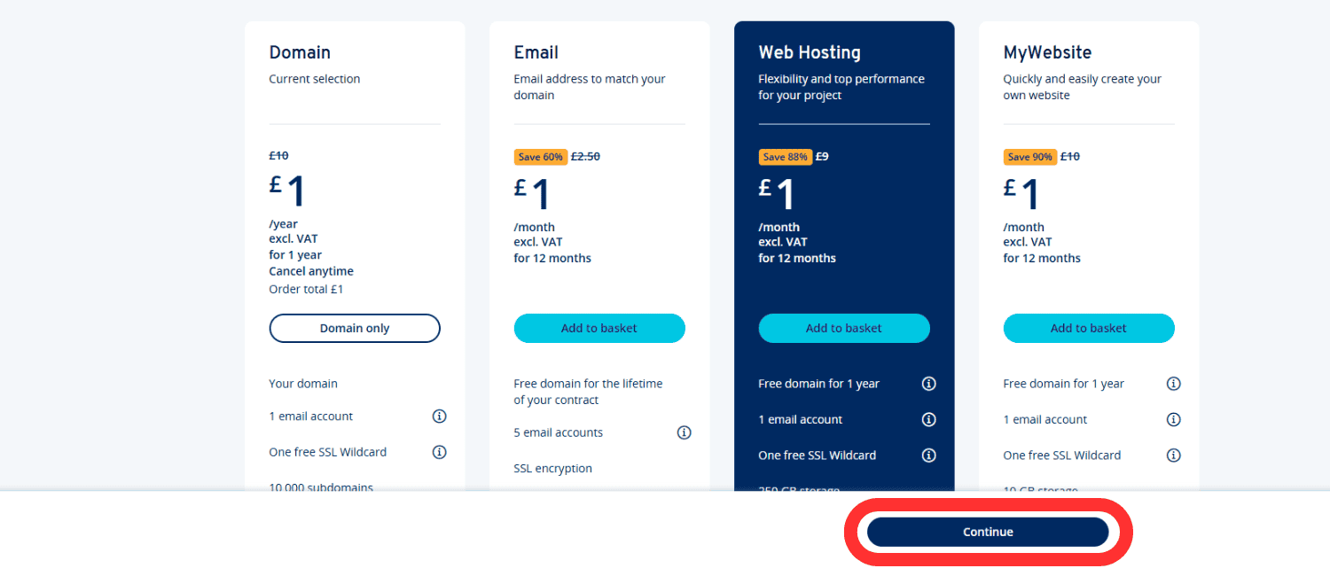 IONOS page showing the additional products you can purchase alongside your domain name.