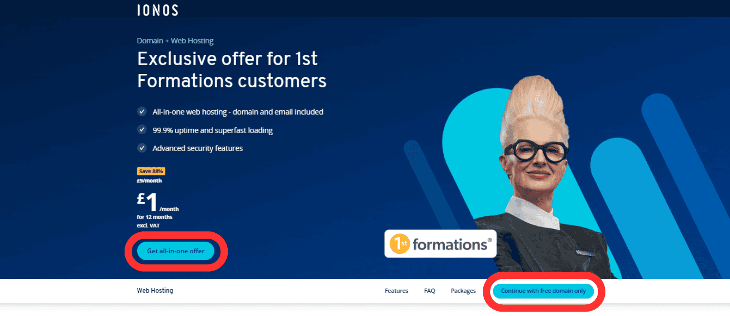 Webpage depicting the exclusive deal IONOS offers to 1st Formations customers