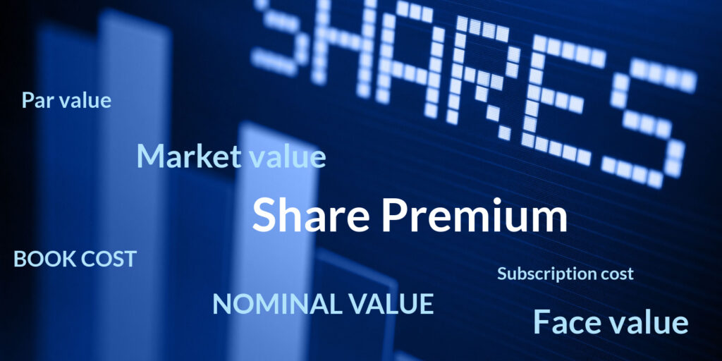 Collage of share values with heading in white letters SHARE PREMIUM against dark blue background.