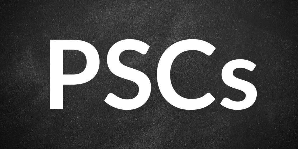 Blackboard with large 'PSCs' heading in white text.