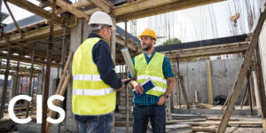 Two men in hard hats and green jackets on building site with CIS heading in white font.