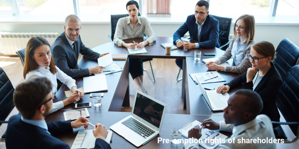 Meeting of 8 shareholders sitting at a boardroom table with the heading 'pre-emption rights of shareholders'.