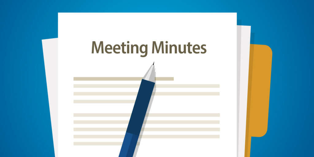 Meeting Minutes with document, paper and pen. Writing about summary of communication in office.