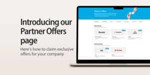 'Introducing the Partner Offers page' heading and 'Here's how to claim exclusive offers for your company', subheading next to a laptop that's showing a screenshot of the 1st Formations Partner Offers page.