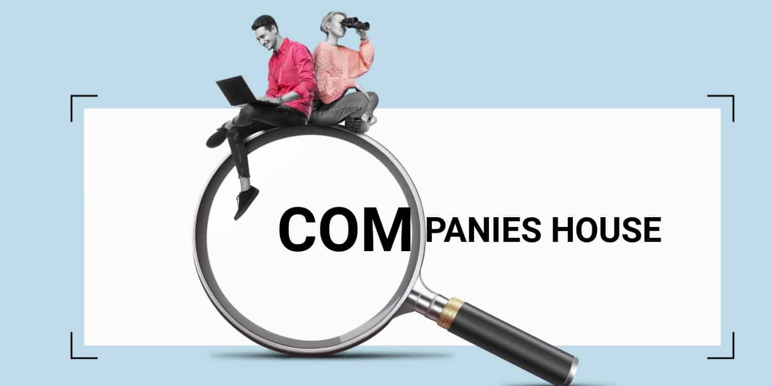 A young woman with binoculars and man with a laptop are sitting on a big magnifying glass. The words COMPANIES HOUSE is displayed in the background. Concept of using Companies House 'Serach the register' tool.