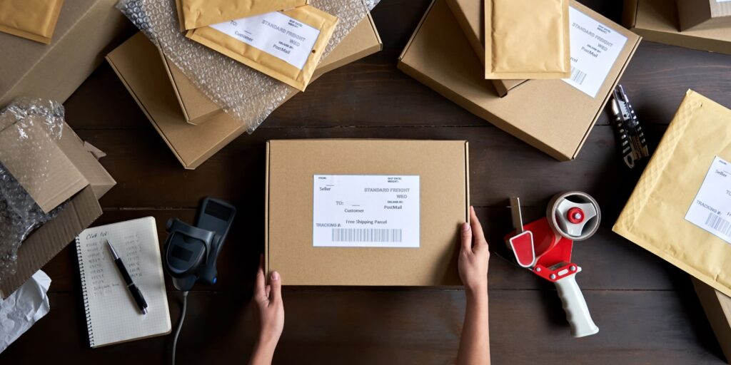 Overhead view of female warehouse worker packing dropshipping shipment.