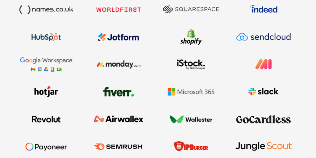 An image displaying 24 of 1st Formations' partner logos including leading global brands such as monday.com, Microsoft365, Shopify, Hubspot, and Squarespace.