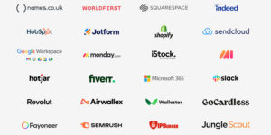 An image displaying 24 of 1st Formations' partner logos including leading global brands such as monday.com, Microsoft365, Shopify, Hubspot, and Squarespace.