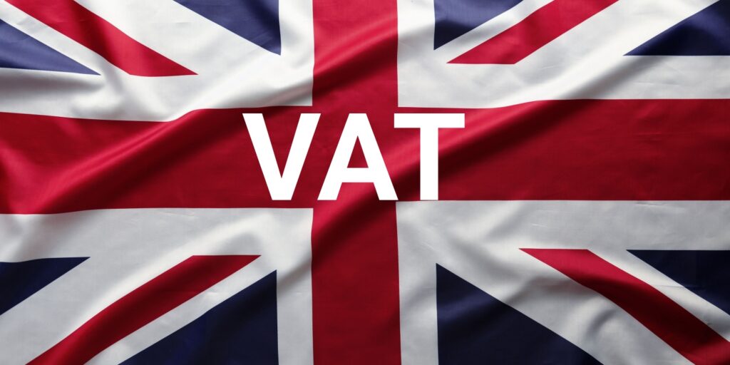 An image of a Union Jack flag with VAT printed in white font.