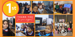 A collage featuring photos of children having a computer lesson at the Junkabal School in Guatemala City and some photos of 1st Formations employees volunteering at the Baytree Centre in Brixton, London, UK. These photos demonstrate the work 1st Formations does with the WONDER Foundation. The image has an orange background and text saying "Thank you for your support".