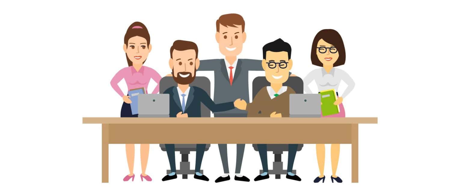 An illustrated group of colleagues smiling while sitting at their desks, implementing a salary sacrifice scheme at work.