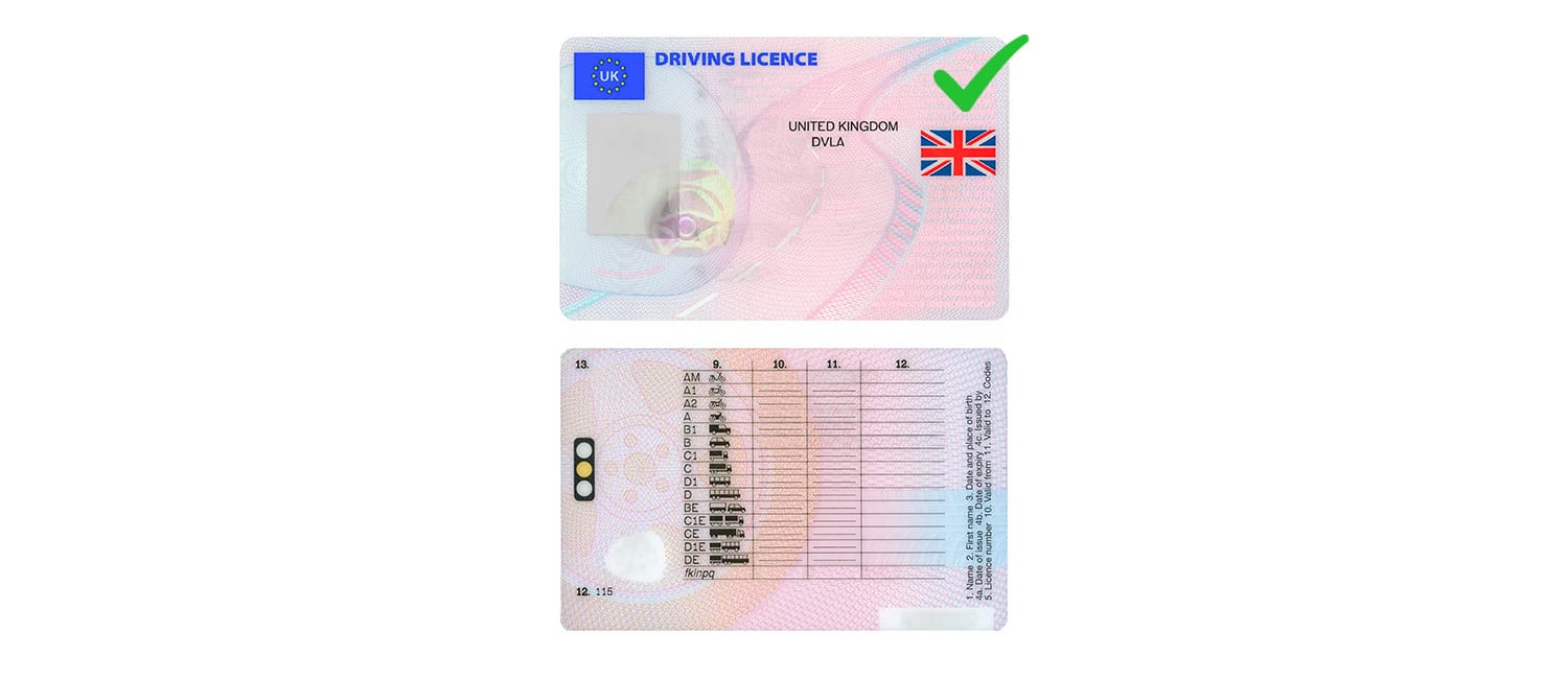 Image of the front and back of a UK driving license with a green 'tick' mark in the top right corner, representing the correct form of proof of ID to submit for company formation