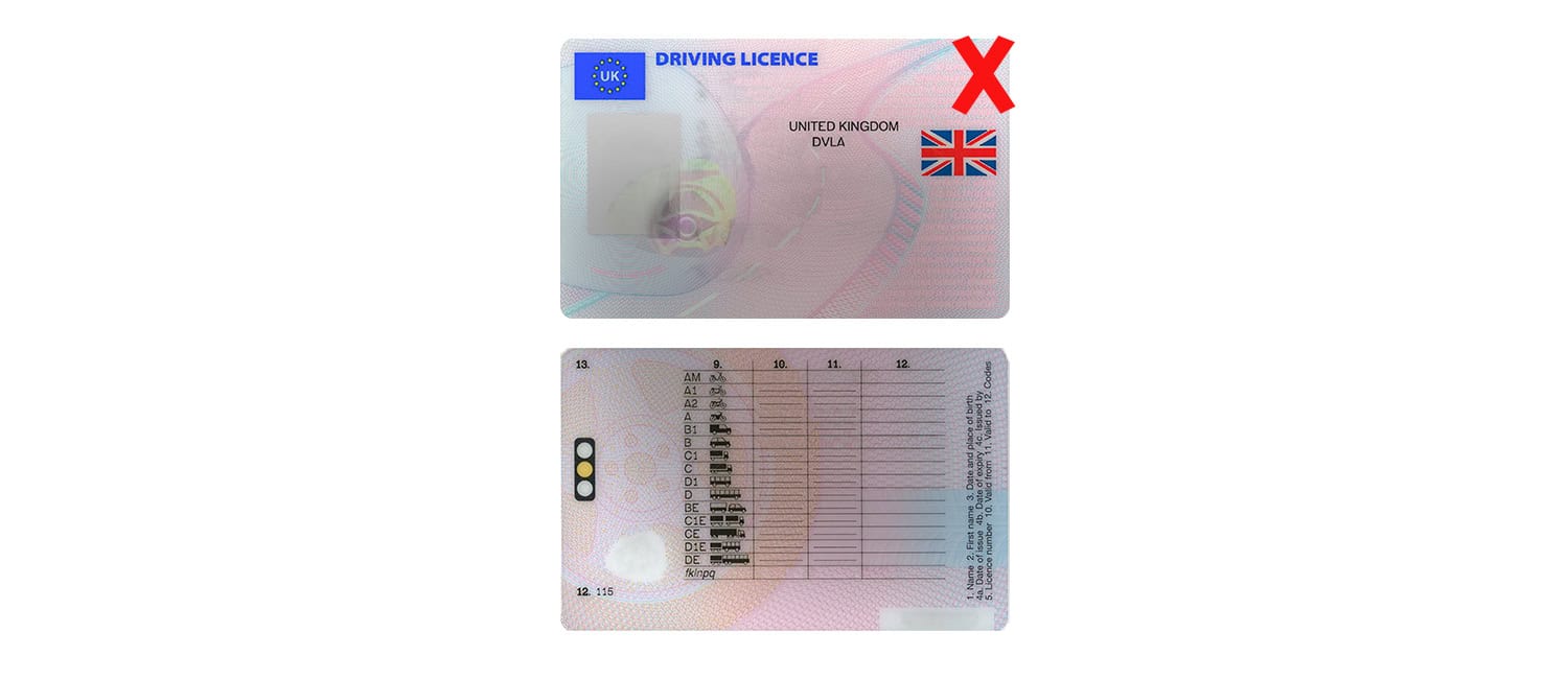 Image of the front and back of a UK driving license with a red cross in the top right corner and a shadow over it, representing the wrong form of proof of ID to submit for company formation