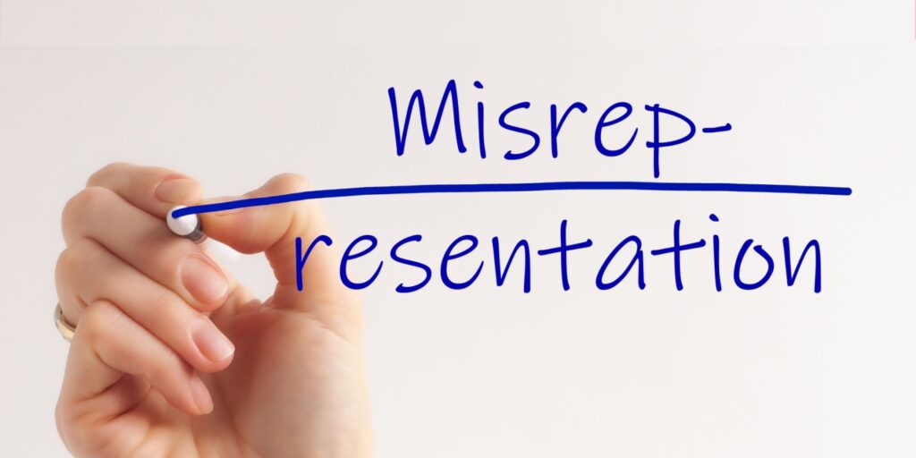 The word 'misrepresentation' being written on a screen with a blue marker pen.