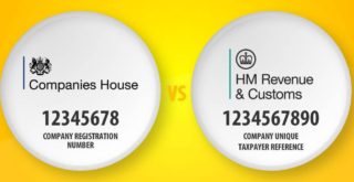 An illustration displaying two white circles against a yellow background. One circle shows an example of a registered company number under the Companies House logo; the other circle shows an example of a Unique Tax Reference under the HMRC logo.