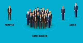 A computer-generated image illustrating the process of adding and removing company shareholders. A group of individuals are in the centre, standing above the word 'shareholders'. One individual standing above the word 'removed' is on the left of the image, and two individuals above the word 'added' are on the right of the image, both linked to the group by a line.
