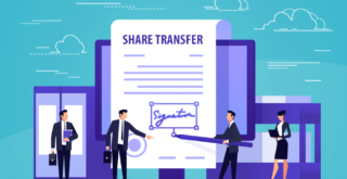 Vector image of a giant share certificate being signed by miniature business people, signifying confirmation of the issue or transfer of company shares.